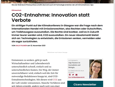 Artikel im Cicero: CO2-Entnahmetechnologien